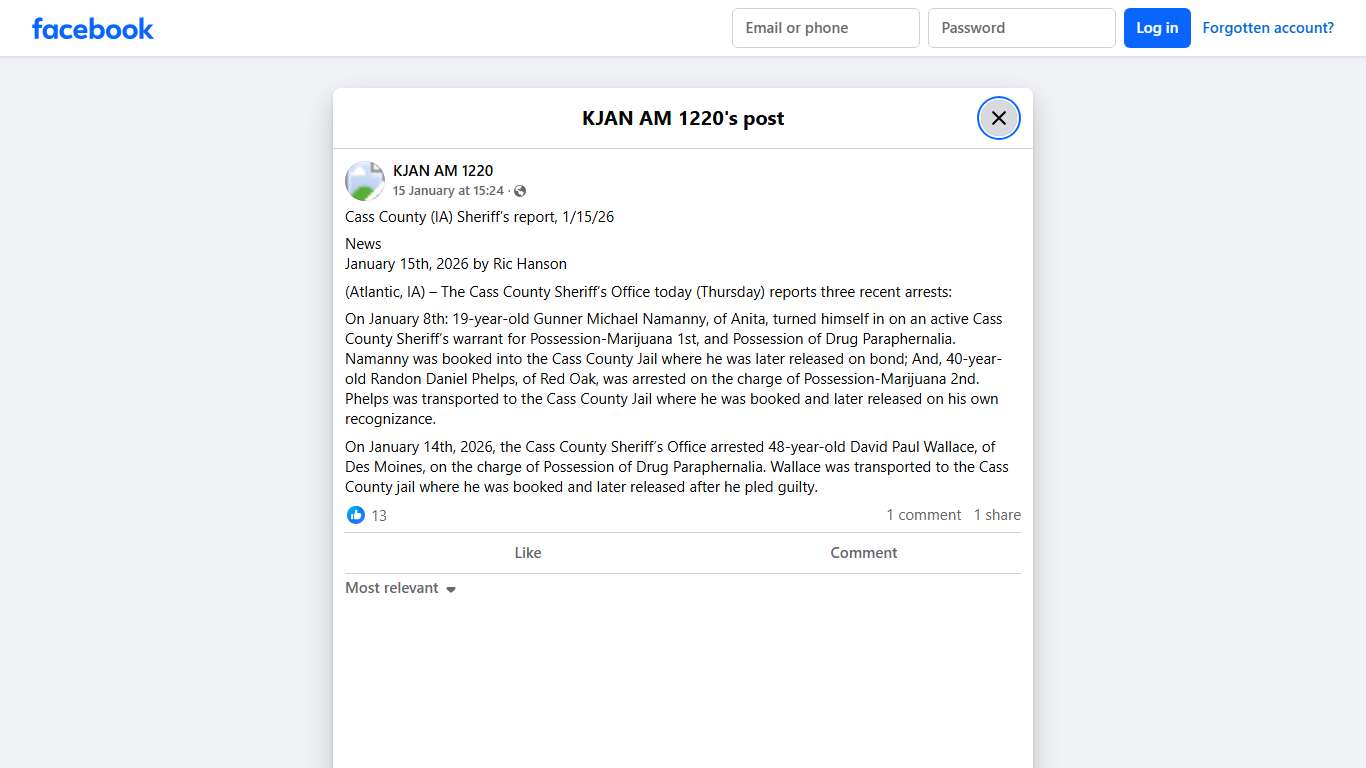 KJAN AM 1220 - Cass County (IA) Sheriff’s report, 1/15/26... Facebook